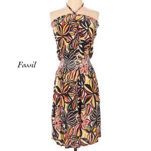 Fossil Orange Brown Floral Jersey Halter Dress Size XS